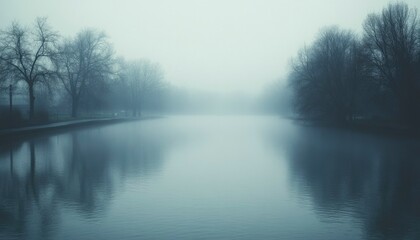 Foggy River Scene with Bare Trees and Water Reflections