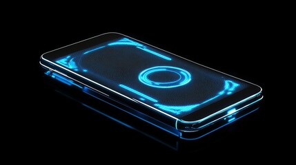 A futuristic smartphone with a glowing blue interface.
