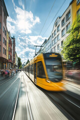 Fototapeta premium Tram in a German city, sunny day, many blurry people due to long exposure photography,