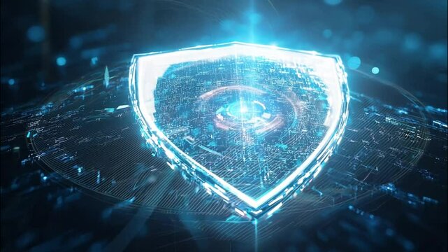 Glowing Blue Geometric Heart Shape with Binary Code Background
