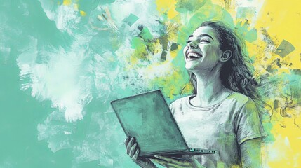 Collage sketch picture poster of happy cheerful woman hold netbook isolated on drawing background