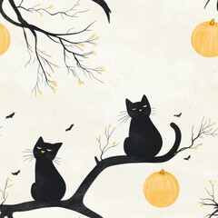 A whimsical illustration of black cats resting on branches with autumn pumpkins and bats, perfect for seasonal decor.