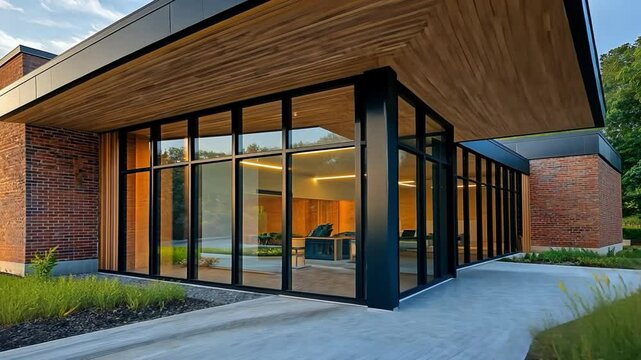 The dentist office has big windows and a brick fa&ccedil;ade with wood accents.