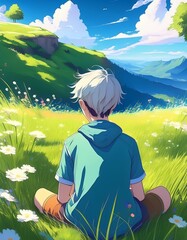Fototapeta premium A boy sits in the green meadow and look around, in the style of anime art
