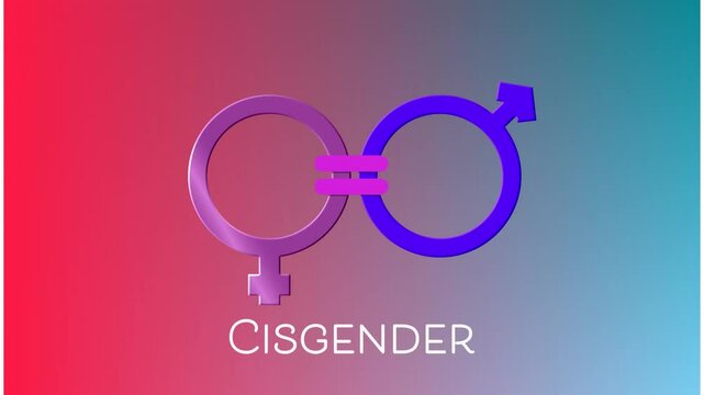 Animation of cisgender text banner and symbol against red and blue gradient background
