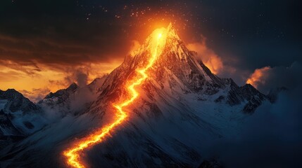 A glowing path of fire climbs a snow-capped mountain peak under a starry night sky.