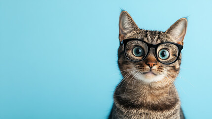 Obraz premium A curious tabby cat wearing black glasses poses against a bright blue background, showcasing its playful personality and alert expression