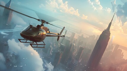 Naklejka premium Helicopter in Flight: A helicopter flying through the sky with the cityscape below. 