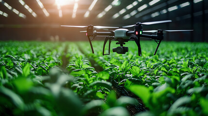 Drone flying over green plants in a modern greenhouse, showcasing agricultural innovation and technology enhancing farming.