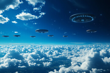 Naklejka premium Futuristic scene depicting flying saucers above a vibrant sky filled with clouds, evoking a sense of wonder and mystery.