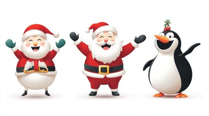Fototapeta premium Christmas character vector set with Santa Claus, snowman, and penguin, each smiling