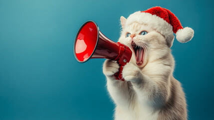 A festive white cat wearing a Santa hat enthusiastically uses a red megaphone to spread holiday cheer indoors