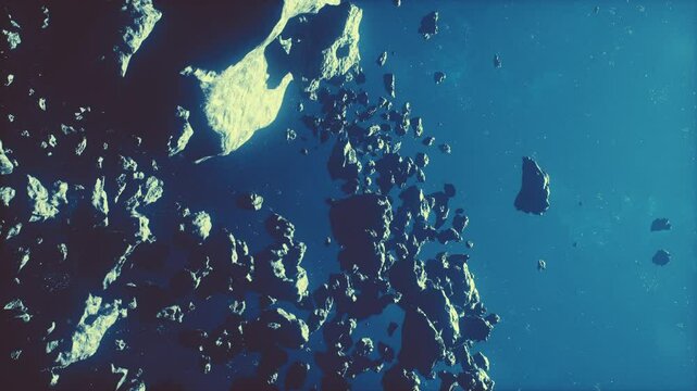 enormous cluster of menacing asteroids amidst a hazy galaxy