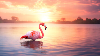 Fototapeta premium An elegant flamingo wading in a serene lake at sun