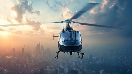 Helicopter in Flight: A helicopter flying through the sky with the cityscape below. 

