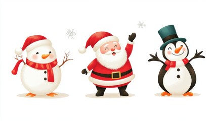 Christmas vector design with Santa Claus, snowman, and penguin in playful, festive