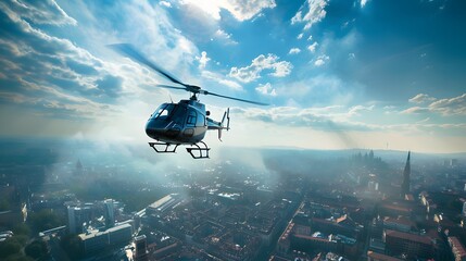 Fototapeta premium Helicopter in Flight: A helicopter flying through the sky with the cityscape below. 
