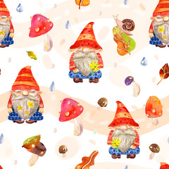 Seamless watercolor pattern with cute gnomes and mushrooms on a white background.