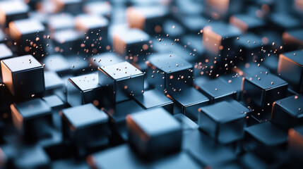 Obraz premium Abstract digital landscape featuring floating cubes with glowing edges and particles in a futuristic setting, symbolizing technology and innovation