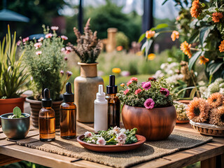 A collection of potted plants and herbs arranged on a wooden surface. The warm sunlight filtering through adds a tranquil and natural vibe, perfect for highlighting the beauty in daily life