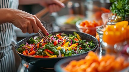 Woman Adding Salad Ingredients to Bowl with Tongs