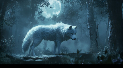 Fototapeta premium An ethereal white wolf wandering through a moonlit