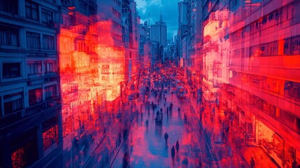 Obraz premium Heatmap of a shopping district, with intense reds and oranges marking the busiest stores and cooler blues in the less frequented areas. 4K hyperrealistic photo.