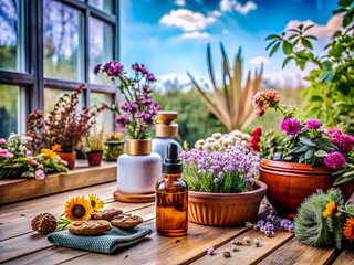 A collection of potted plants and herbs arranged on a wooden surface. The warm sunlight filtering through adds a tranquil and natural vibe, perfect for highlighting the beauty in daily life