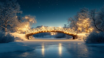 Snow-covered bridge over a frozen stream under a clear night sky, with the bridge illuminated by soft, glowing lights. 4K hyperrealistic photo.