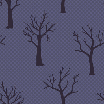 Spooky trees vector seamless pattern. Hand drawn bare dead creepy tree dark silhouettes on textured dotted purple background for Halloween designs. Old haunted forest repeat tile illustration