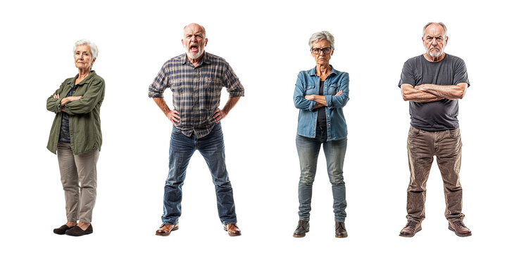 groupe de personnes &acirc;g&eacute;es en col&egrave;re, deux hommes et deux femmes - fond transparent
