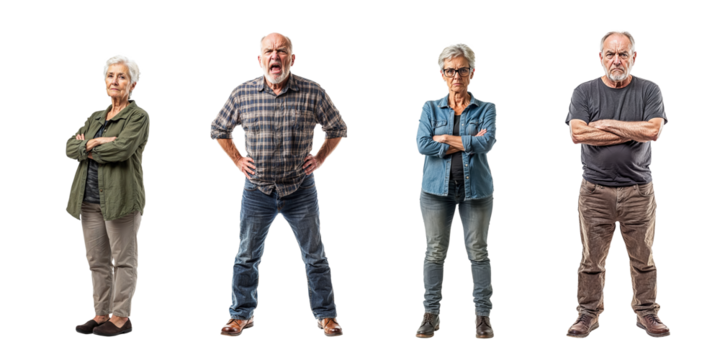 groupe de personnes âgées en colère, deux hommes et deux femmes - fond transparent
