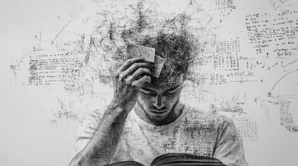 Composite artwork sketch image collage of outdoors monochrome young man hand hold pile book half head open brainstorming think math figure