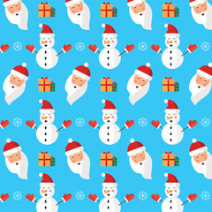 Seamless pattern with Santa, snowman, gifts on blue background. Merry Christmas and Happy New Year.
