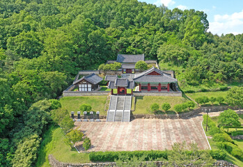 Sangju-si, Gyeongsangbuk-do, South Korea - May 21, 2020: Aerial view of Sangsan Hall at Imnan Bukcheon Battle Field near Bukcheon Creek