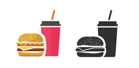 Fast food icon vector with burger and soda beverage drink simple graphic pictogram and flat cartoon style modern design, black white solid glyph symbol sign minimal silhouette image clip art
