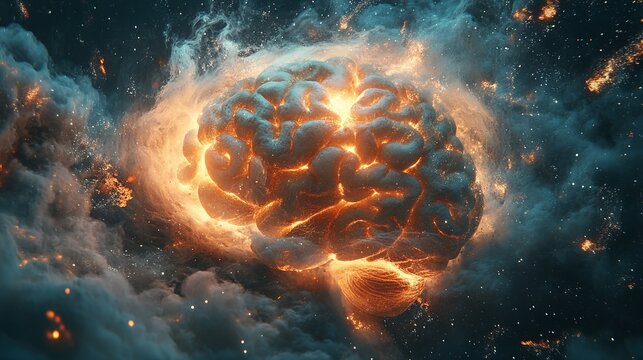 Concept art of a human brain exploding with knowledge and creativity.