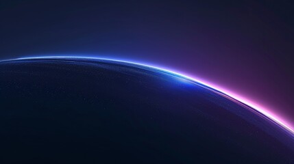 A stunning abstract view of a planet's horizon illuminated by glowing lights in deep blue and purple tones.