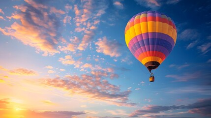 Fototapeta premium Hot Air Balloon at Sunrise: A vibrant hot air balloon floating gracefully in the sky at sunrise. 