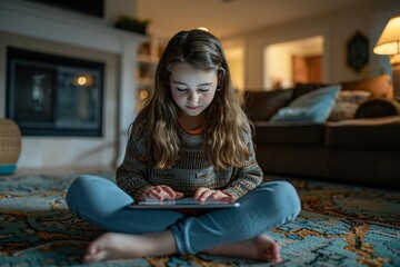 Girl browsing social media on tablet at home