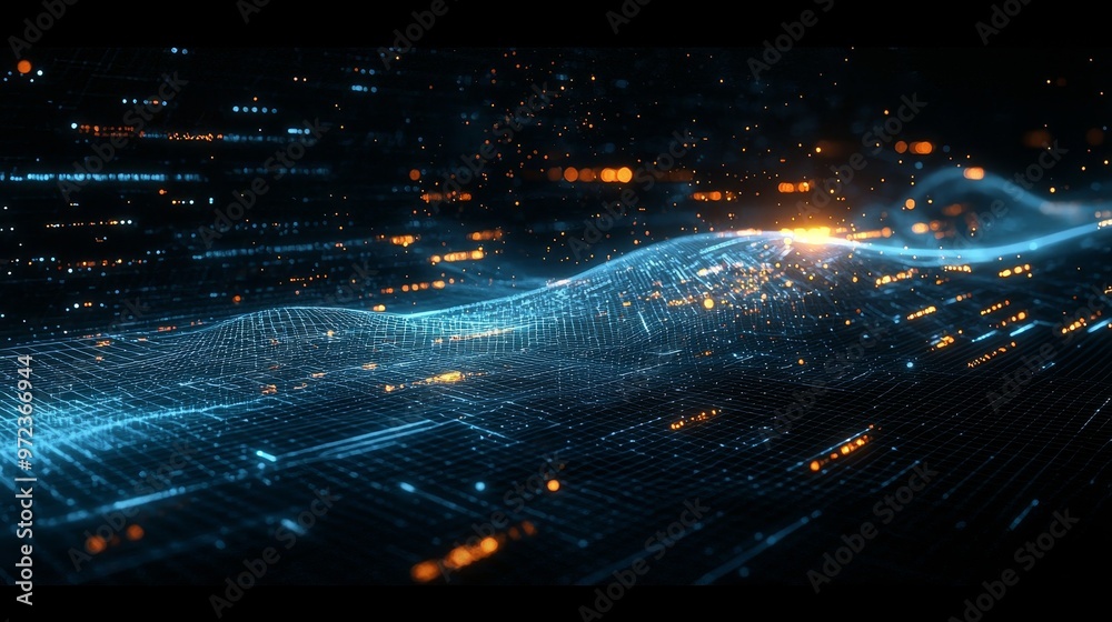 Poster Network connections with points and lines on a futuristic wireframe. Big Data. Abstract technology background. Ai technology wire network futuristic wireframe. 4K render.