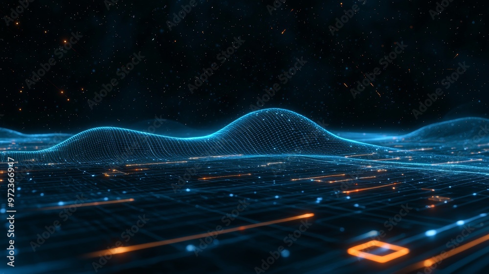Poster Modern illustration of data technology. Abstract futuristic background with a wave of dots and lines on a dark background. Particles flowing in a wave pattern.