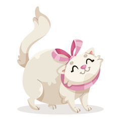 Illustration of a happy white cat with a pink bow around its neck. The cat is set against a white background. Concept of joy and cuteness. Vector illustration