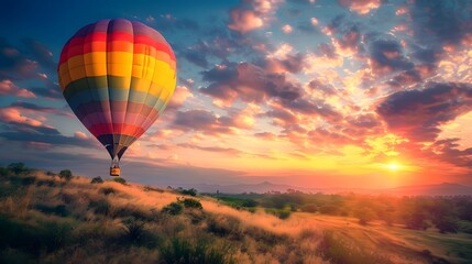 Obraz premium Hot Air Balloon at Sunrise: A vibrant hot air balloon floating gracefully in the sky at sunrise. 