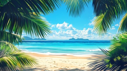 Tropical beach scene framed by palm leaves, blue skies and turquoise waters.