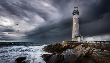Fototapeta premium Stormy lighthouse by ocean with dark clouds 