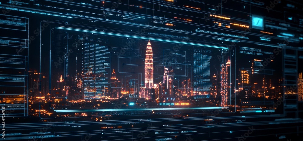 Poster a night city surrounded by an abstract gradient blue and red glowing light trail, a smart city utili