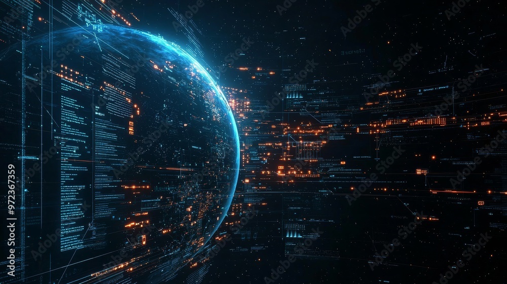 Poster The concept of global communication technology. Connection lines around the earth globe. Motion of digital data flow. Futuristic Technology Theme Background.