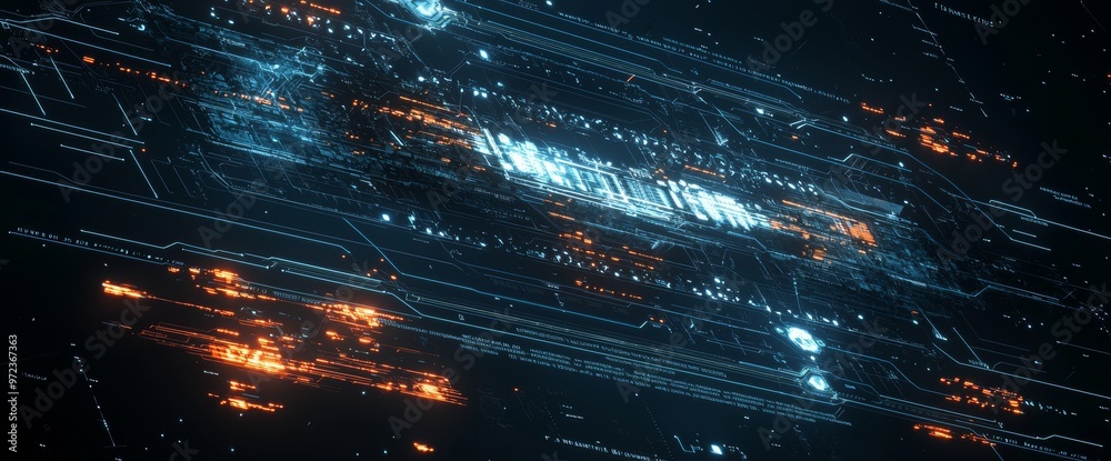 Poster An abstract background circuit board that represents a futuristic server. This can be used for digital dynamic wallpaper, technology backgrounds, or 3D visuals.