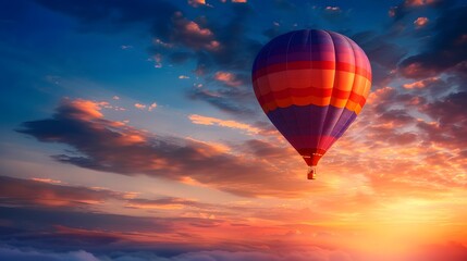 Fototapeta premium Hot Air Balloon at Sunrise: A vibrant hot air balloon floating gracefully in the sky at sunrise. 